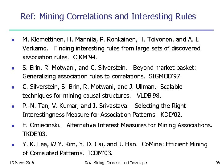 Ref: Mining Correlations and Interesting Rules n n n M. Klemettinen, H. Mannila, P.