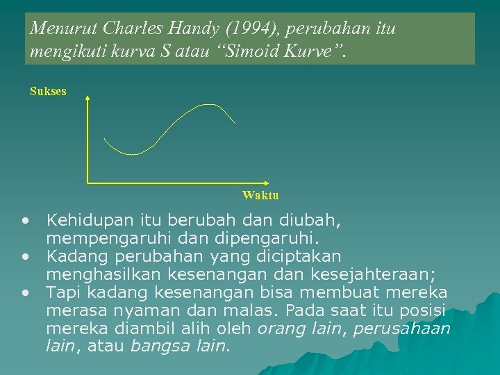 Menurut Charles Handy (1994), perubahan itu mengikuti kurva S atau “Simoid Kurve”. Sukses Waktu