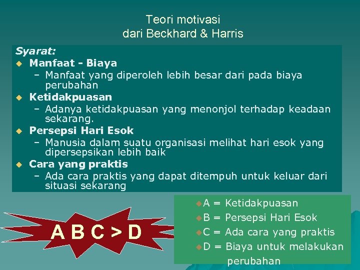 Teori motivasi dari Beckhard & Harris Syarat: u Manfaat - Biaya – Manfaat yang