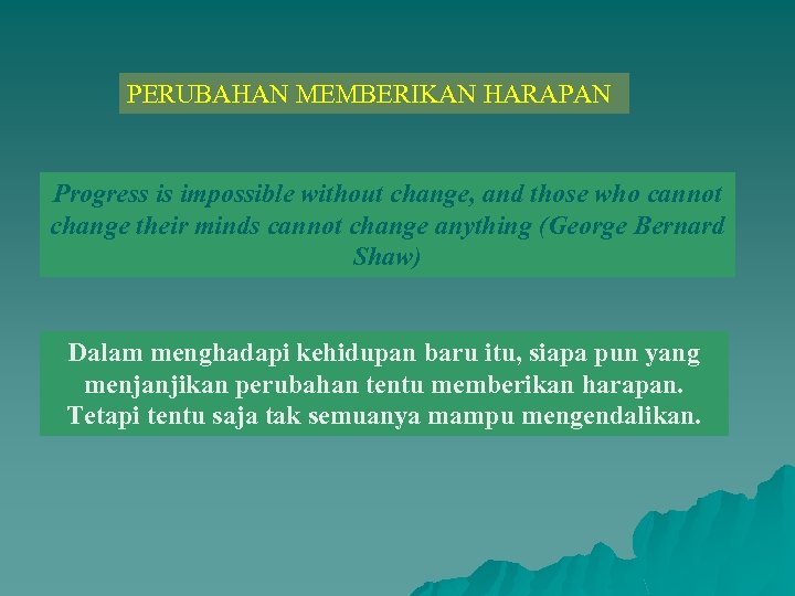 PERUBAHAN MEMBERIKAN HARAPAN Progress is impossible without change, and those who cannot change their
