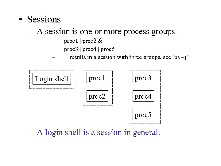  • Sessions – A session is one or more process groups – proc