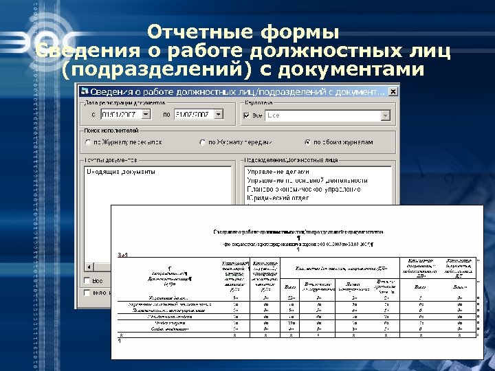 Отчетные формы Сведения о работе должностных лиц (подразделений) с документами 