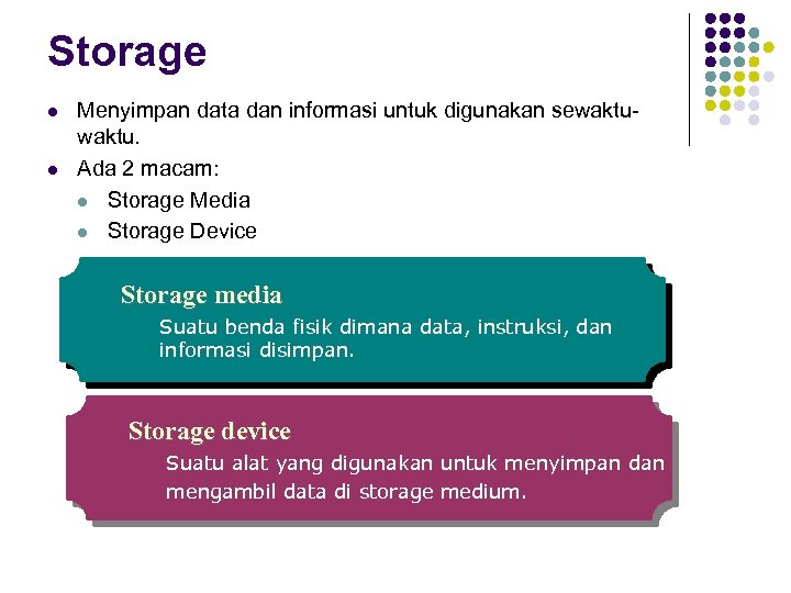 Storage l l Menyimpan data dan informasi untuk digunakan sewaktu. Ada 2 macam: l