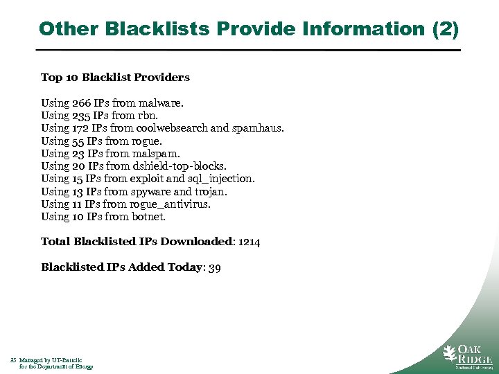 Other Blacklists Provide Information (2) Top 10 Blacklist Providers Using 266 IPs from malware.