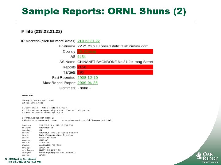 Sample Reports: ORNL Shuns (2) 41 Managed by UT-Battelle for the Department of Energy