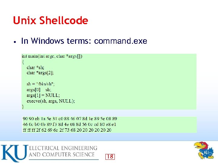 Unix Shellcode • In Windows terms: command. exe 18 