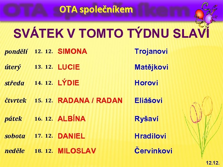 OTA společníkem SVÁTEK V TOMTO TÝDNU SLAVÍ pondělí 12. SIMONA Trojanovi úterý 13. 12.