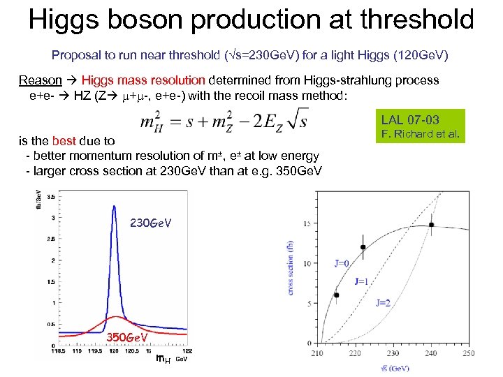 Higgs boson production at threshold Proposal to run near threshold (√s=230 Ge. V) for