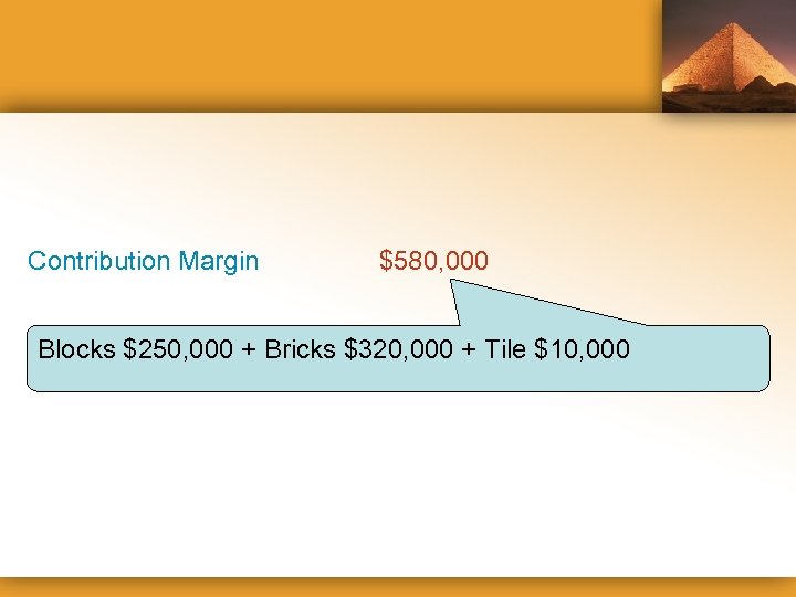 Contribution Margin $580, 000 Blocks $250, 000 + Bricks $320, 000 + Tile $10,