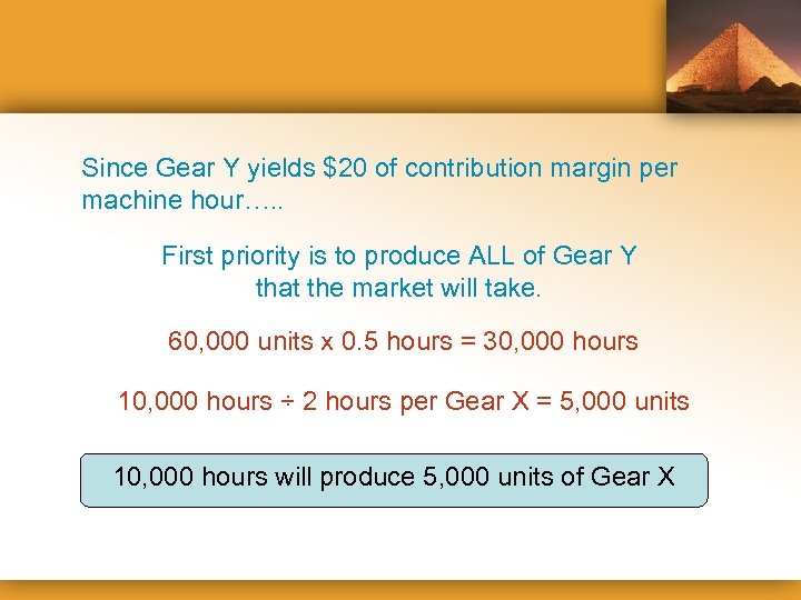 Since Gear Y yields $20 of contribution margin per machine hour…. . First priority