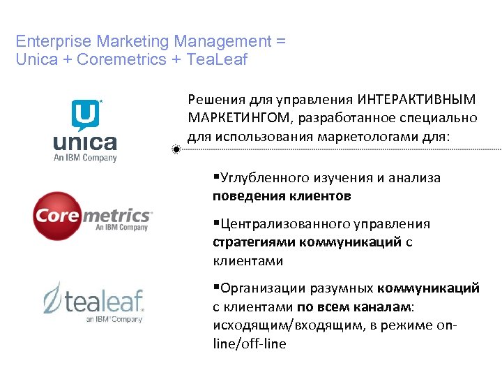 Enterprise Marketing Management = Unica + Coremetrics + Tea. Leaf Решения для управления ИНТЕРАКТИВНЫМ