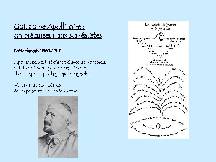 Guillaume Apollinaire : un précurseur aux surréalistes Poète français (1880 -1918) Apollinaire s’est lié