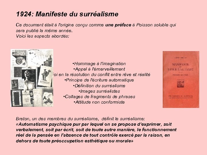 1924: Manifeste du surréalisme Ce document était à l'origine conçu comme une préface à