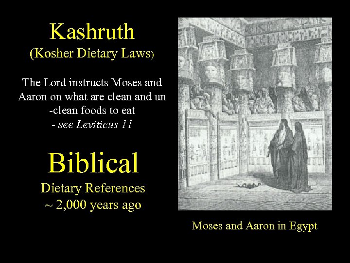 Kashruth (Kosher Dietary Laws) The Lord instructs Moses and Aaron on what are clean