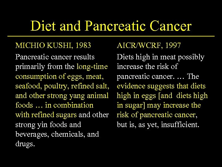 Diet and Pancreatic Cancer MICHIO KUSHI, 1983 Pancreatic cancer results primarily from the long-time