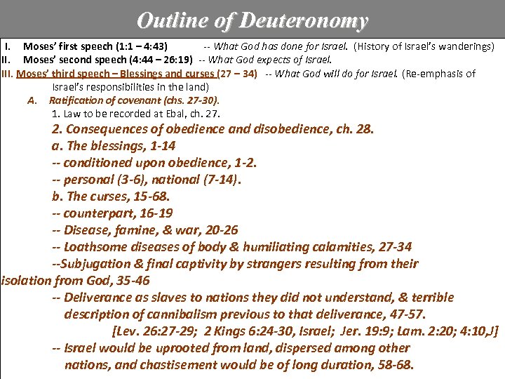 Outline of Deuteronomy I. Moses’ first speech (1: 1 – 4: 43) -- What