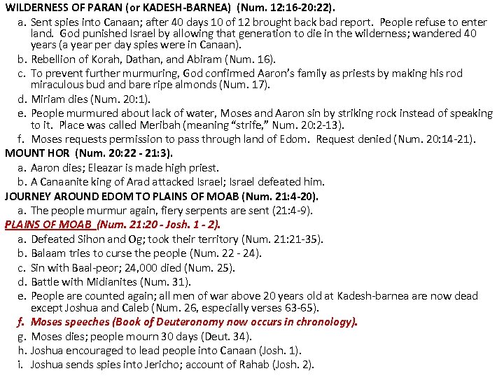 WILDERNESS OF PARAN (or KADESH-BARNEA) (Num. 12: 16 -20: 22). a. Sent spies into