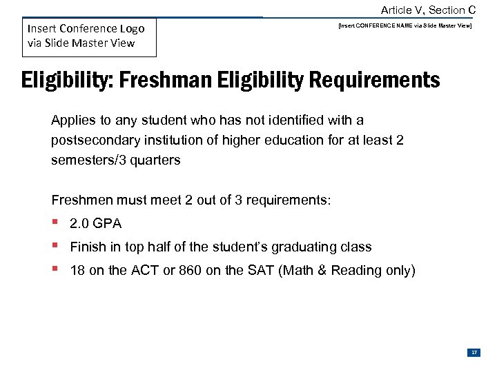 Article V, Section C Insert Conference Logo via Slide Master View [Insert CONFERENCE NAME
