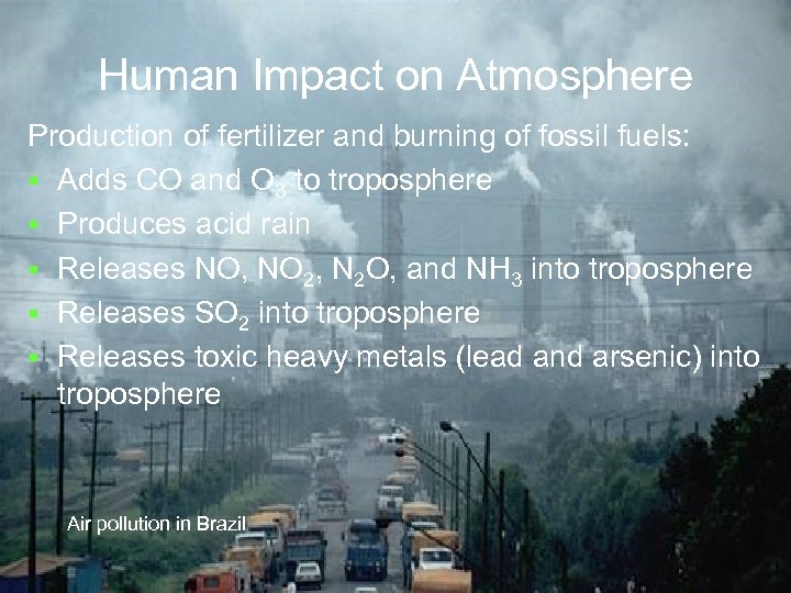 Human Impact on Atmosphere Production of fertilizer and burning of fossil fuels: § Adds