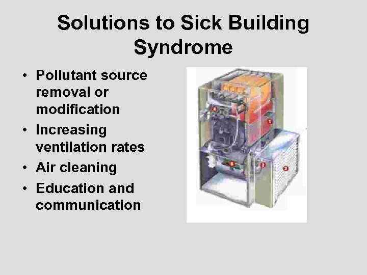 Solutions to Sick Building Syndrome • Pollutant source removal or modification • Increasing ventilation