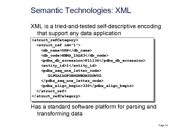 Semantic Technologies: XML is a tried-and-tested self-descriptive encoding that support any data application <struct_ref.