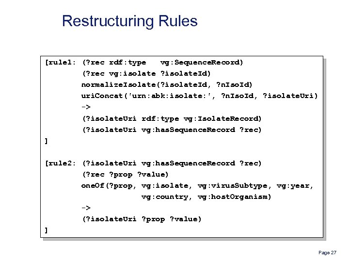 Restructuring Rules [rule 1: (? rec rdf: type vg: Sequence. Record) (? rec vg: