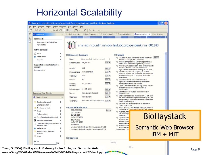 Horizontal Scalability Bio. Haystack Semantic Web Browser IBM + MIT Quan, D (2004): Bio.