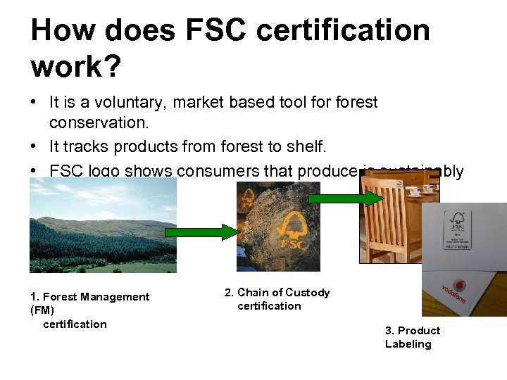 How does FSC certification work? • It is a voluntary, market based tool forest