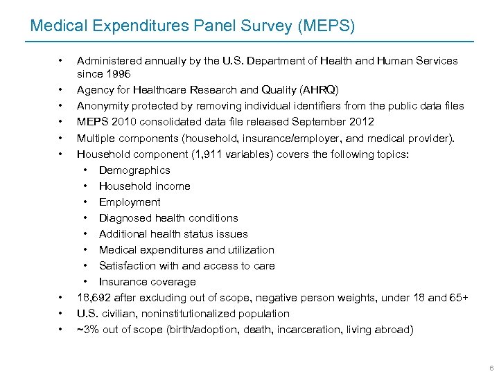 Medical Expenditures Panel Survey (MEPS) • • • Administered annually by the U. S.