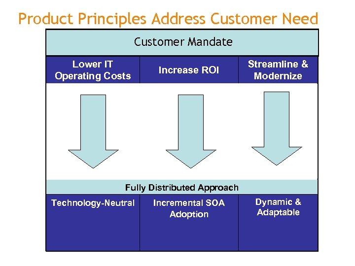 Product Principles Address Customer Need Customer Mandate Lower IT Operating Costs Increase ROI Streamline