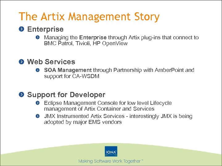 The Artix Management Story Enterprise Managing the Enterprise through Artix plug-ins that connect to