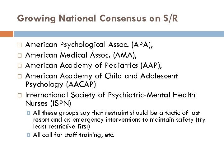 Growing National Consensus on S/R American Psychological Assoc. (APA), American Medical Assoc. (AMA), American