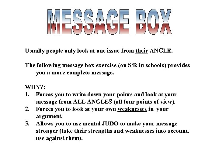 Usually people only look at one issue from their ANGLE. The following message box