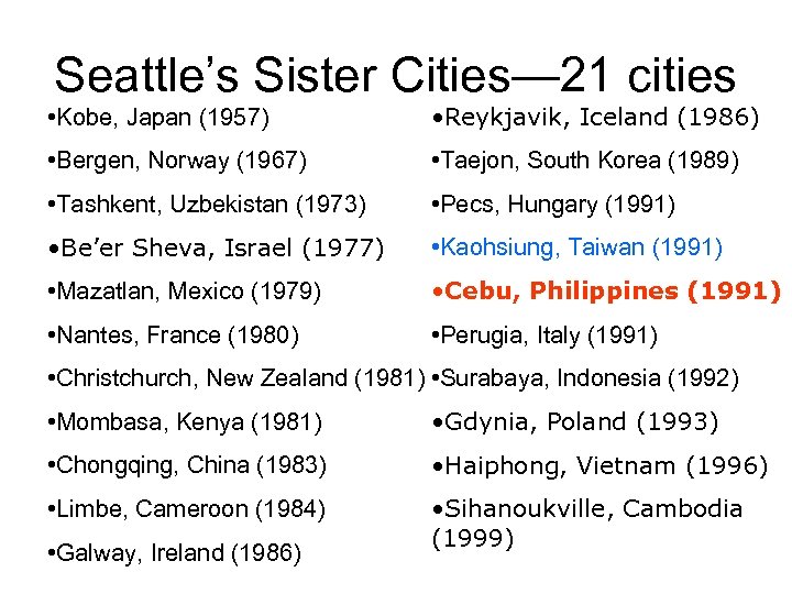 Seattle’s Sister Cities— 21 cities • Kobe, Japan (1957) • Reykjavik, Iceland (1986) •