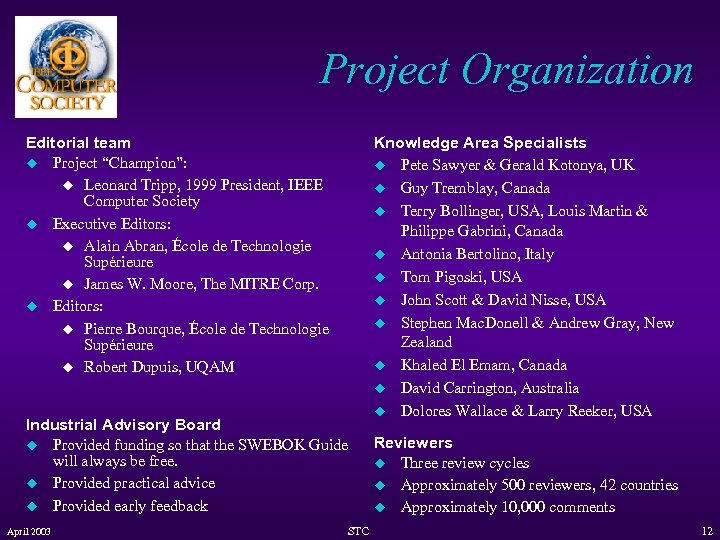 Project Organization Editorial team u Project “Champion”: u Leonard Tripp, 1999 President, IEEE Computer