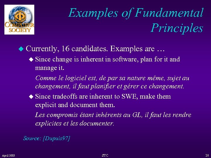 Examples of Fundamental Principles u Currently, 16 candidates. Examples are … u Since change