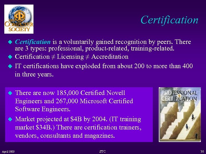 Certification u u u April 2003 Certification is a voluntarily gained recognition by peers.