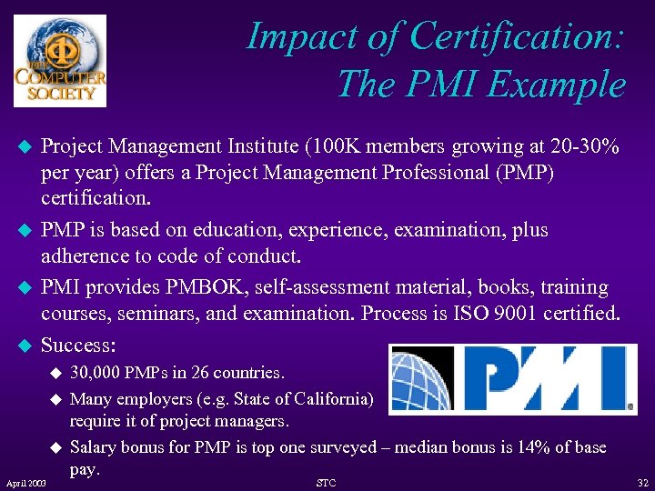 Impact of Certification: The PMI Example u u Project Management Institute (100 K members