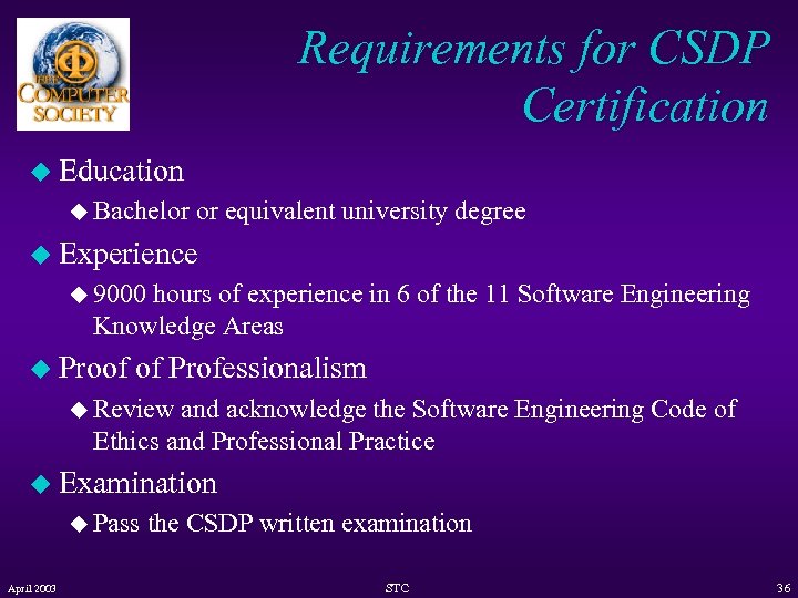 Requirements for CSDP Certification u Education u Bachelor or equivalent university degree u Experience