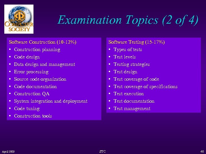 Examination Topics (2 of 4) Software Construction (10 -12%) • Construction planning • Code