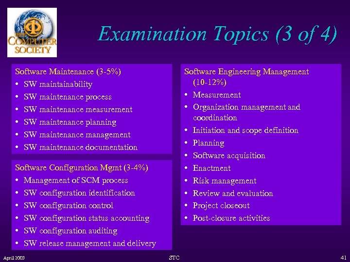 Examination Topics (3 of 4) Software Maintenance (3 -5%) • SW maintainability • SW