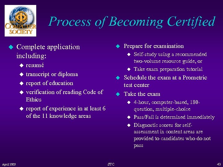 Process of Becoming Certified u Complete application including: u u u Prepare for examination