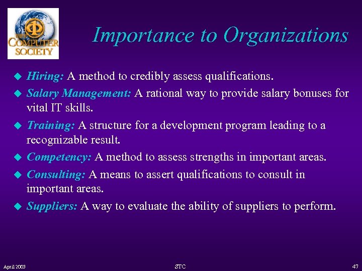 Importance to Organizations u u u April 2003 Hiring: A method to credibly assess