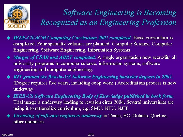 Software Engineering is Becoming Recognized as an Engineering Profession u u u April 2003