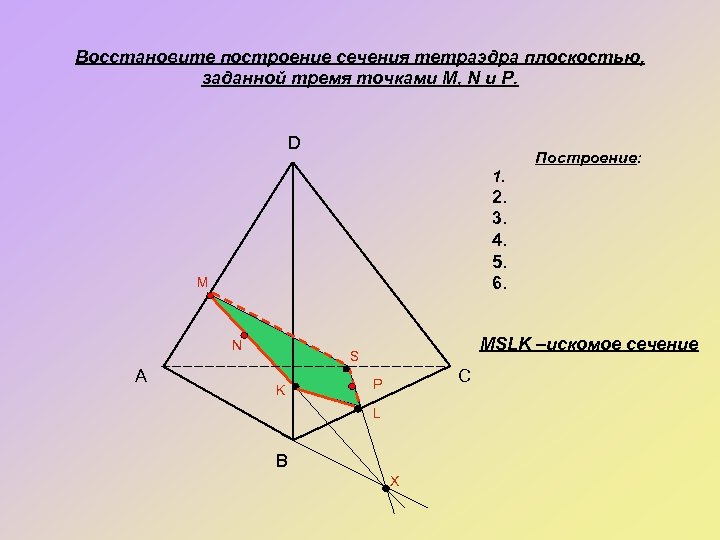 Восстановите построение сечения тетраэдра плоскостью, заданной тремя точками M, N и P. D Построение: