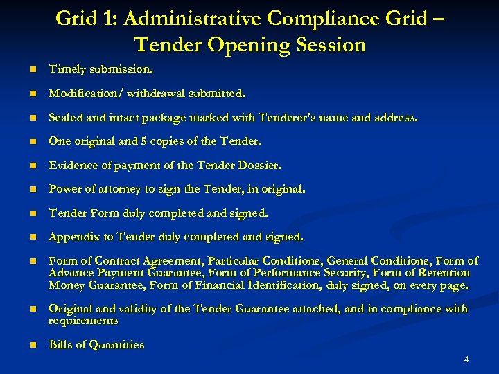 Grid 1: Administrative Compliance Grid – Tender Opening Session n Timely submission. n Modification/