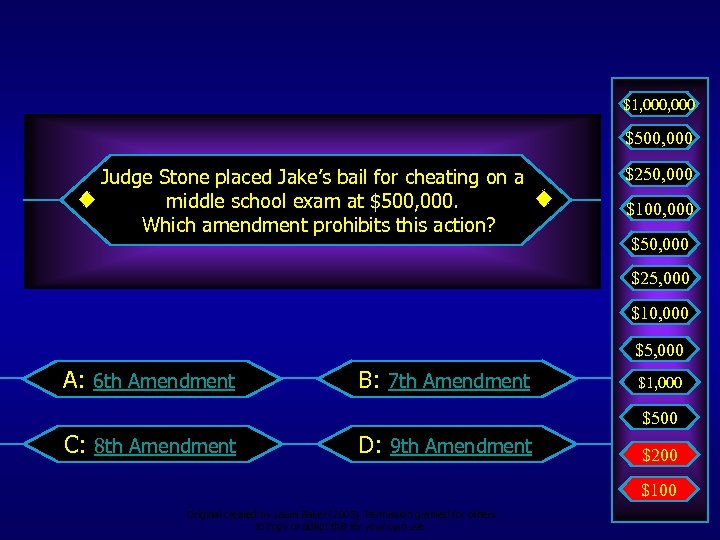 $1, 000 $500, 000 Judge Stone placed Jake’s bail for cheating on a middle