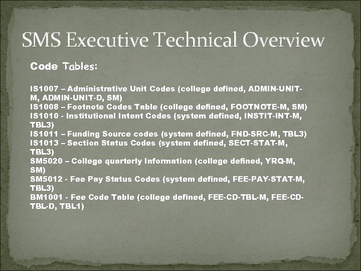 SMS Executive Technical Overview Code Tables: IS 1007 – Administrative Unit Codes (college defined,