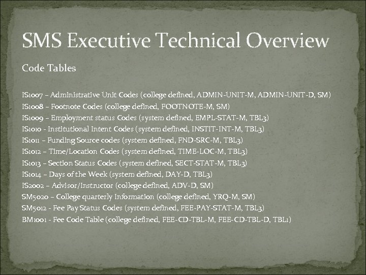 SMS Executive Technical Overview Code Tables IS 1007 – Administrative Unit Codes (college defined,