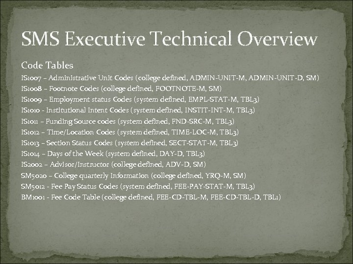 SMS Executive Technical Overview Code Tables IS 1007 – Administrative Unit Codes (college defined,